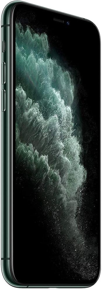 Renewed smartphone, dark green frame, front display with blue-green abstract pattern