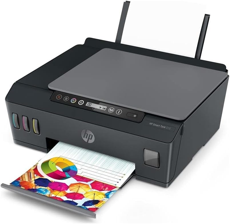 Black HP all-in-one printer with paper feed tray and photo print coming out
