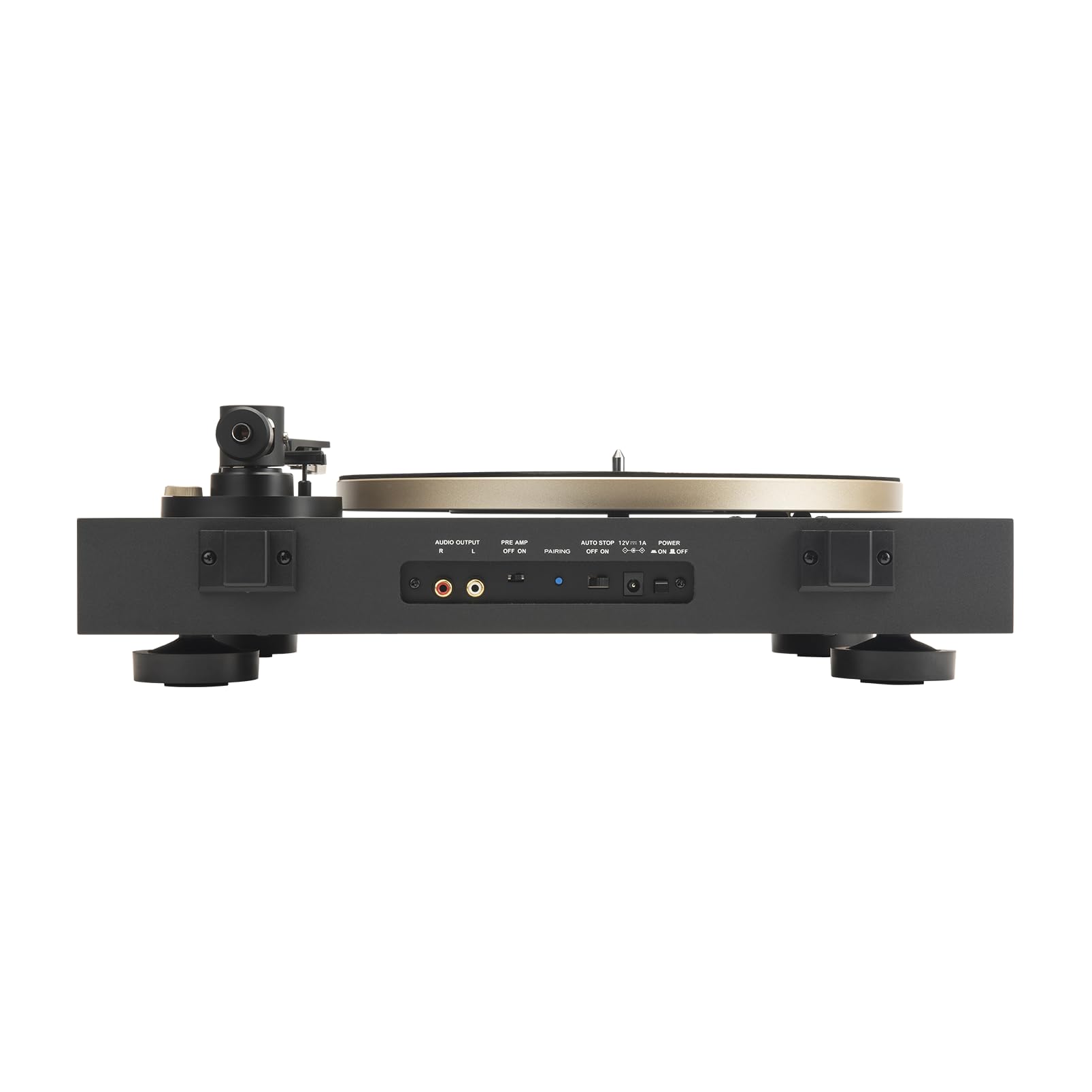 Black turntable side view showing ports and buttons, tonearm arms, and foot stands