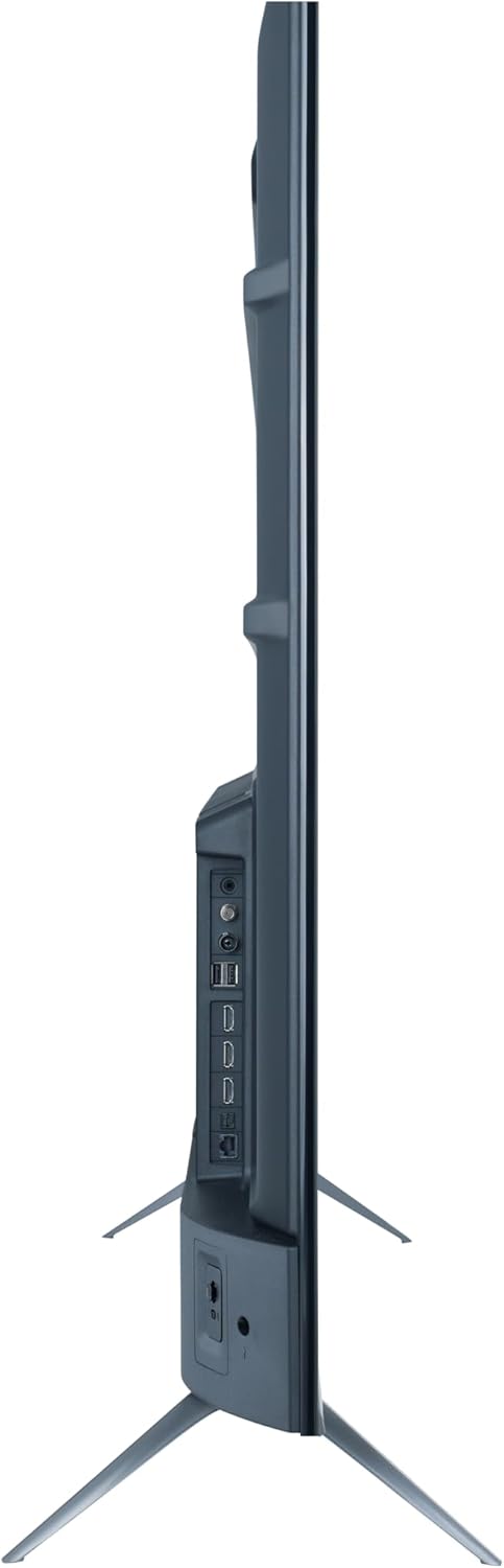 Sharp 55-inch TV side view showing ports and control panel on pedestal stand