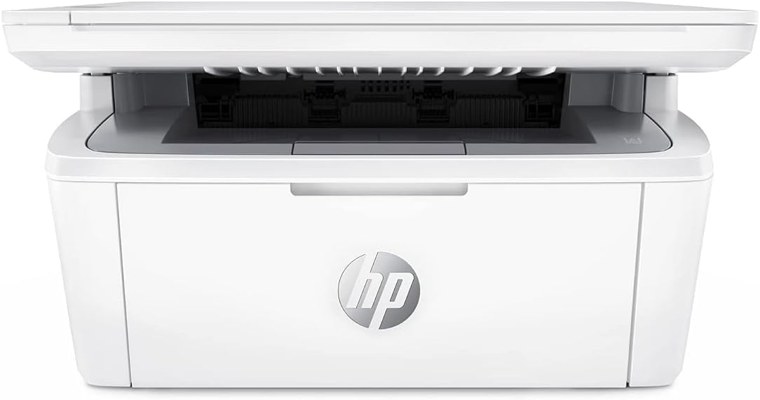 HP LaserJet MFP printer front with paper output slot and HP logo on white body