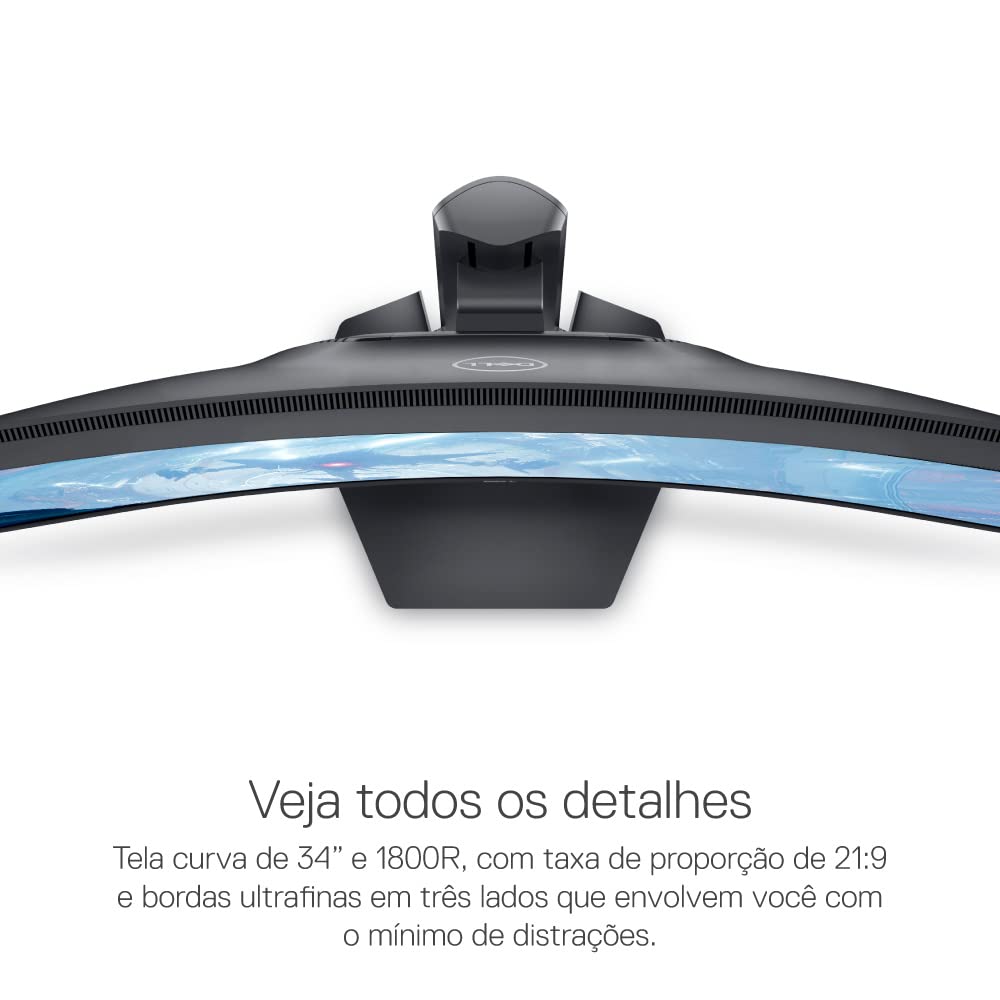 Black curved gaming monitor close-up of top edge and stand, screen showing blue game