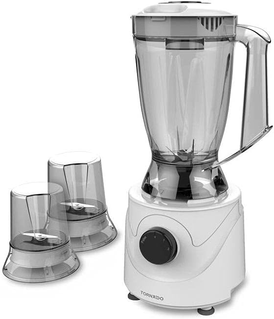 White countertop blender with clear jar, black dial, and two small beaker attachments
