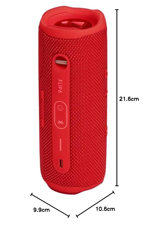Portable waterproof Bluetooth speaker, red fabric grille, side buttons and charging port