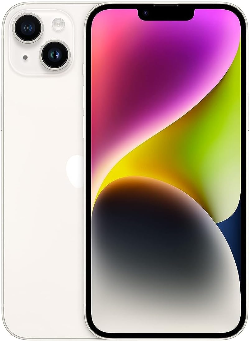 Smartphone with white back and dual rear cameras, front display with pink and green wallpaper