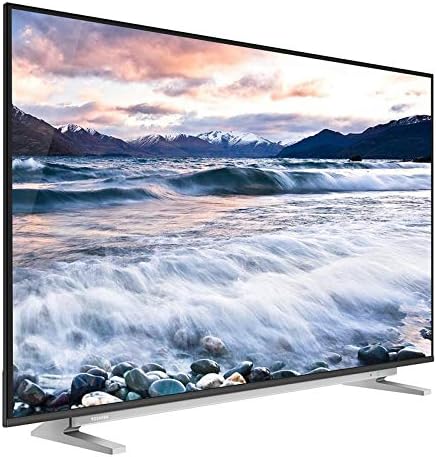 Toshiba 50-inch 4K LED Smart TV front with ocean waves on screen and slim bezel