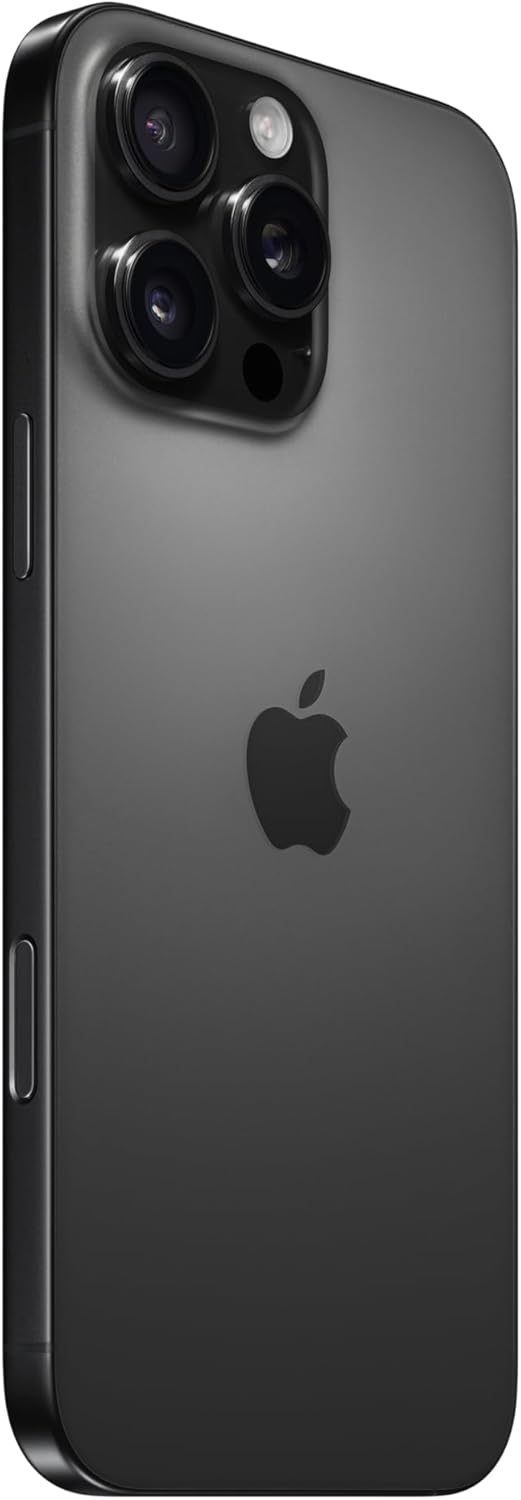 iPhone 16 Pro Max phone back in black titanium, showing Apple logo and triple cameras