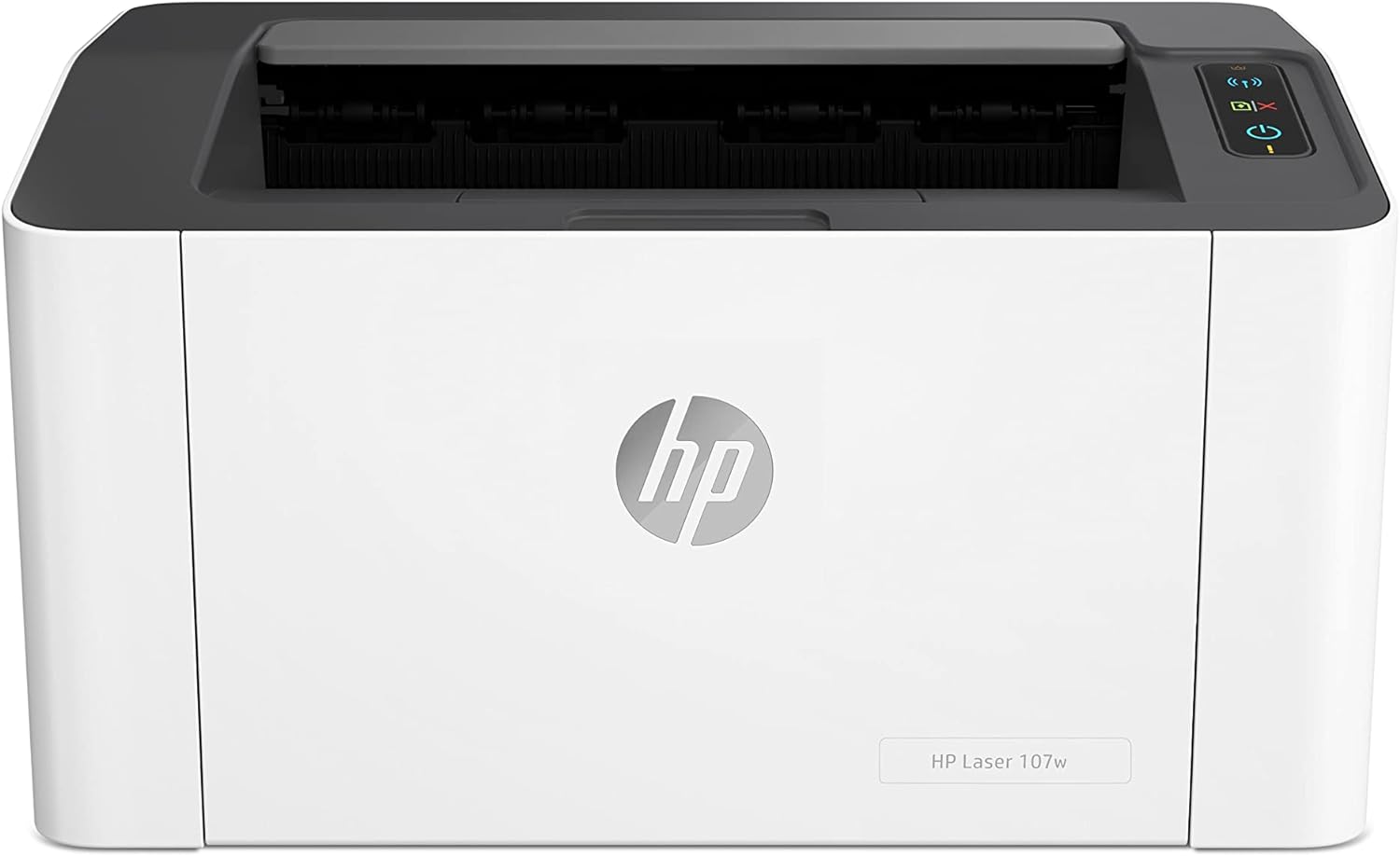 HP Laser 107w black-and-white laser printer, front view with control panel