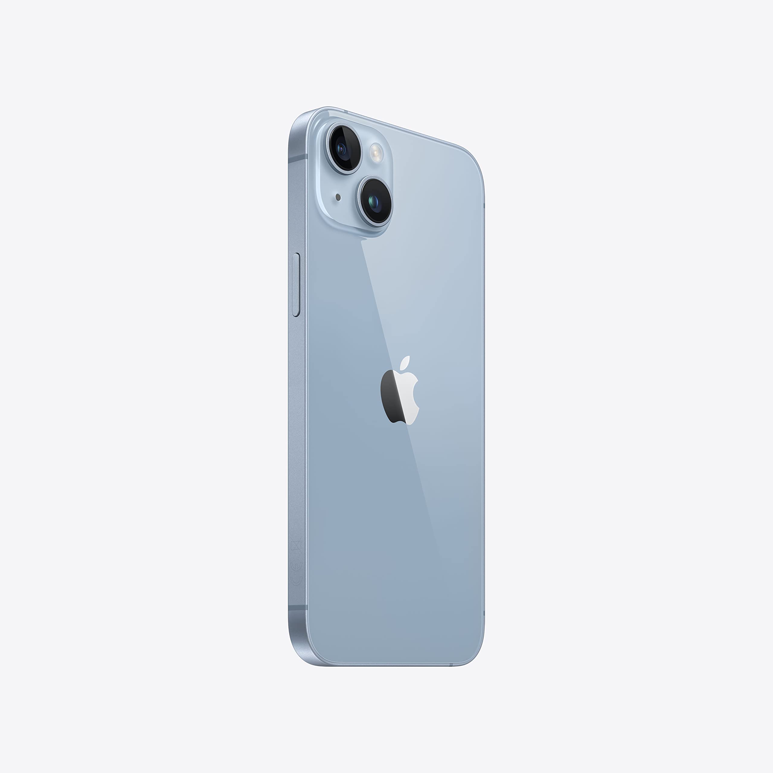 Light blue smartphone back with dual cameras and Apple logo, angled rear view