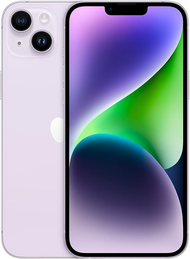 Apple iPhone 14 Plus smartphone in white, front and back view, dual rear cameras