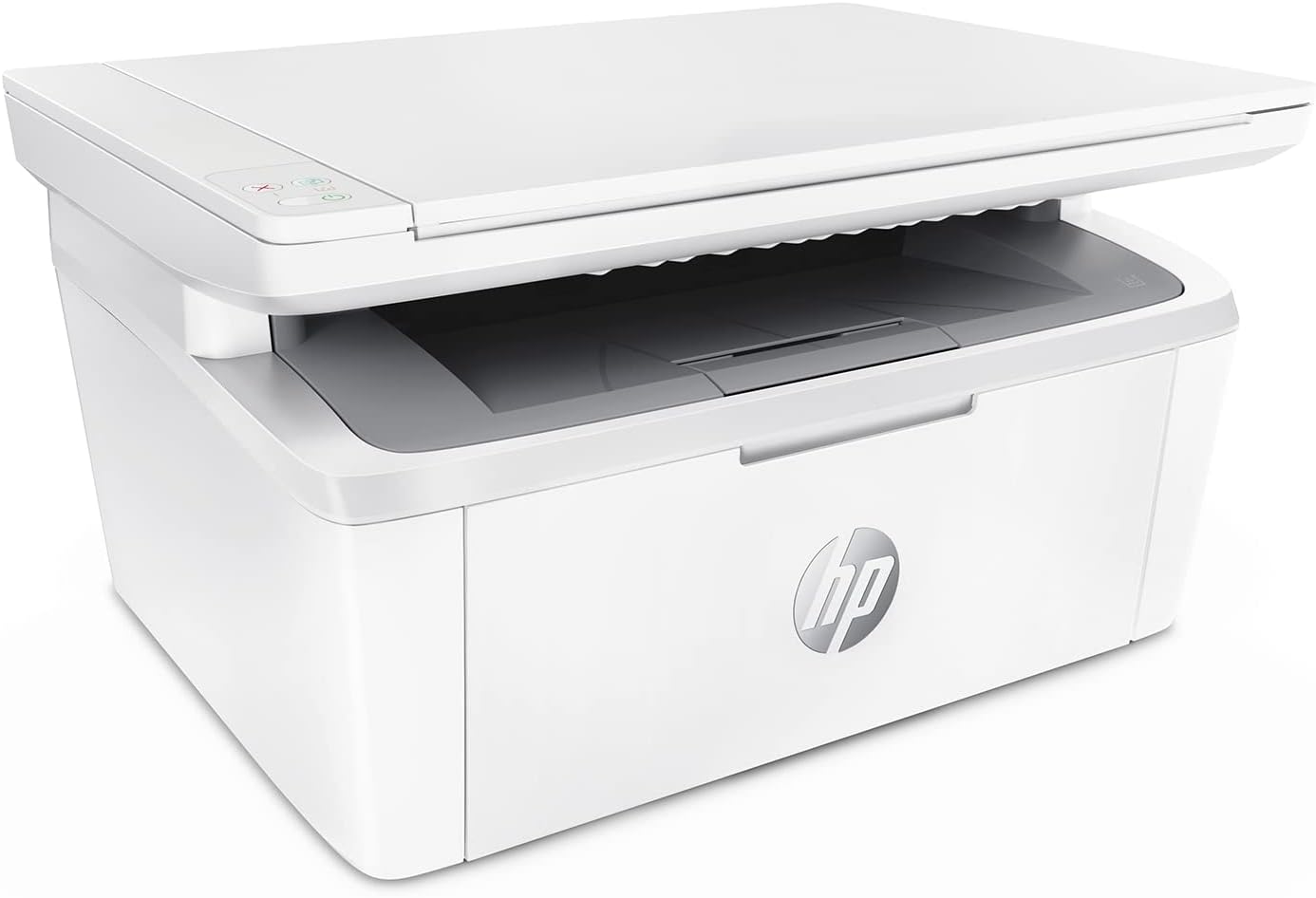 HP LaserJet MFP printer front-left view with output tray, white chassis, HP logo