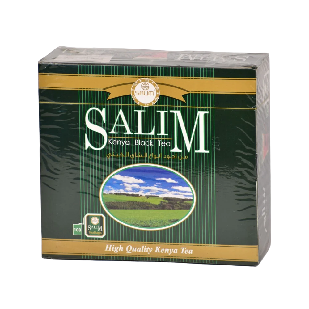 Salim tea box, dark green with gold trim, Kenya black tea label