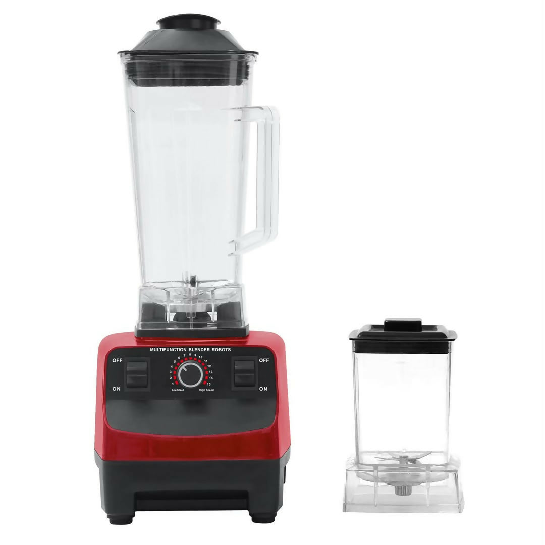 Countertop blender with clear jar, black lid, red-and-black base and control dial
