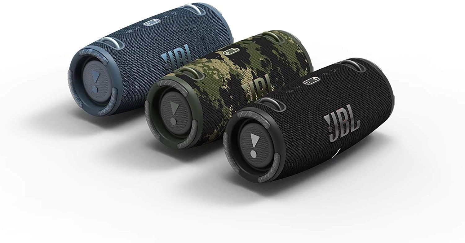 Portable waterproof speaker set in blue, camouflage, and dark finishes with JBL logos