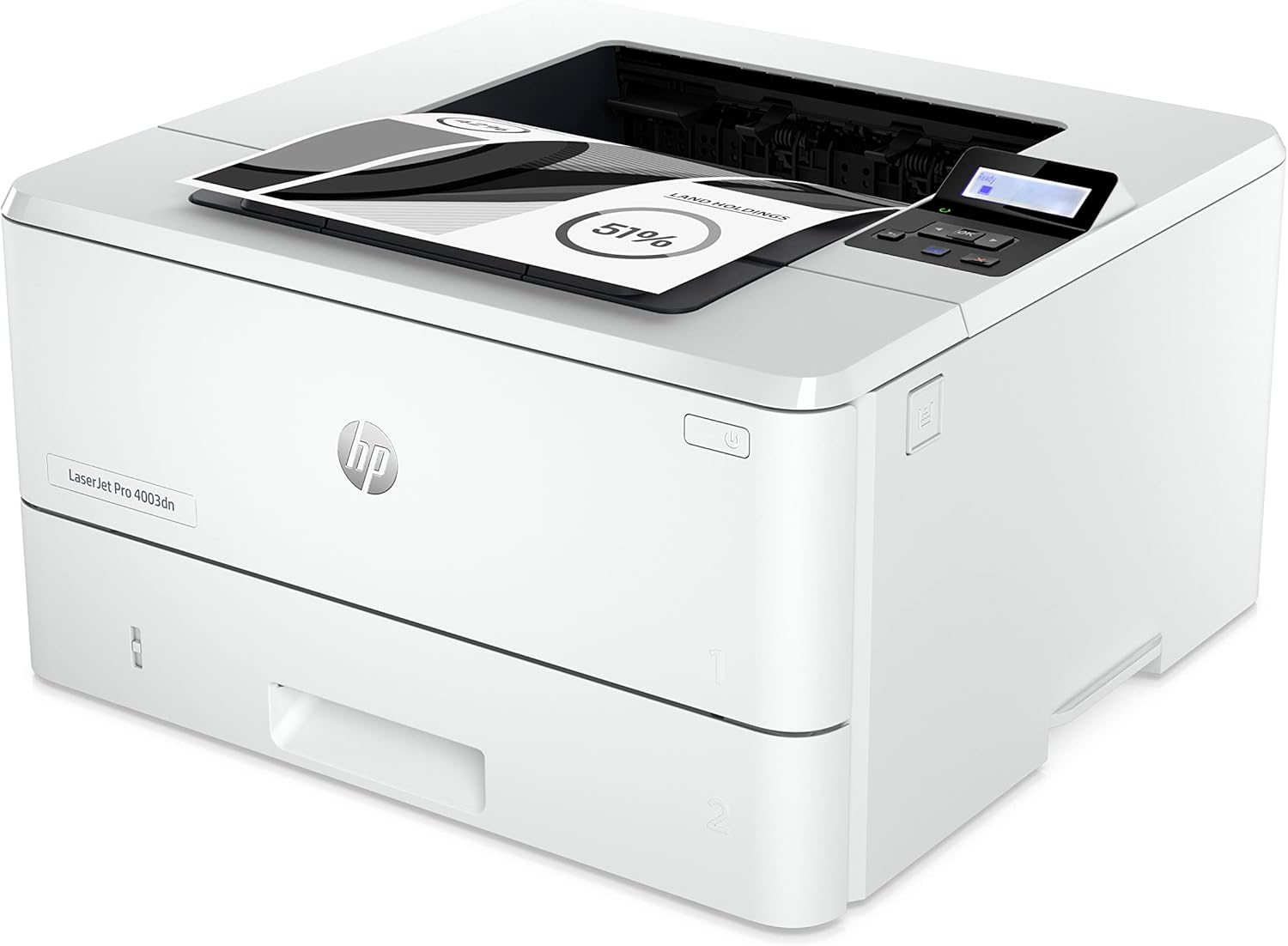 White HP LaserJet Pro laser printer, top open with control panel and paper output tray