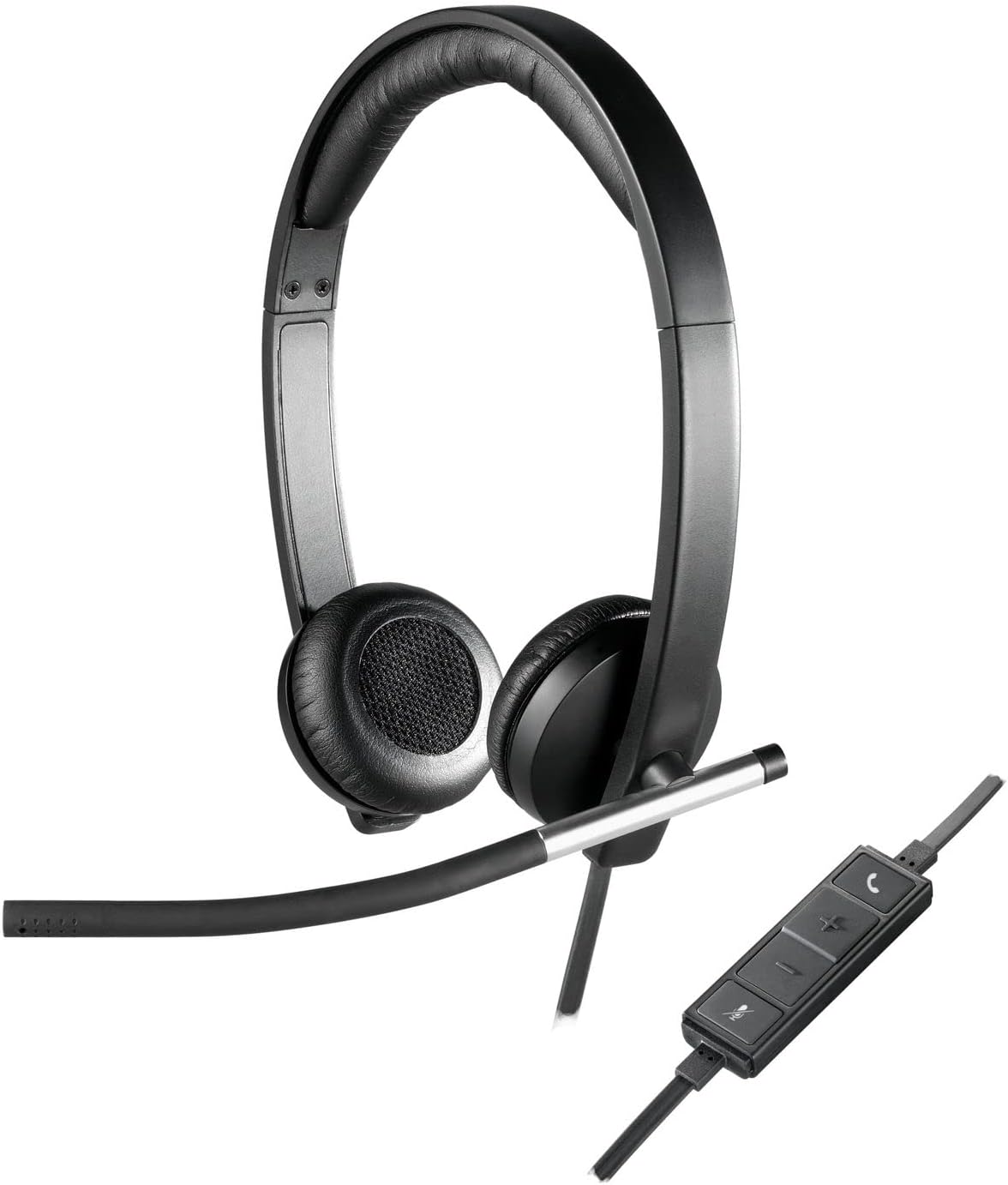 Black wired stereo headset with boom microphone and inline control module