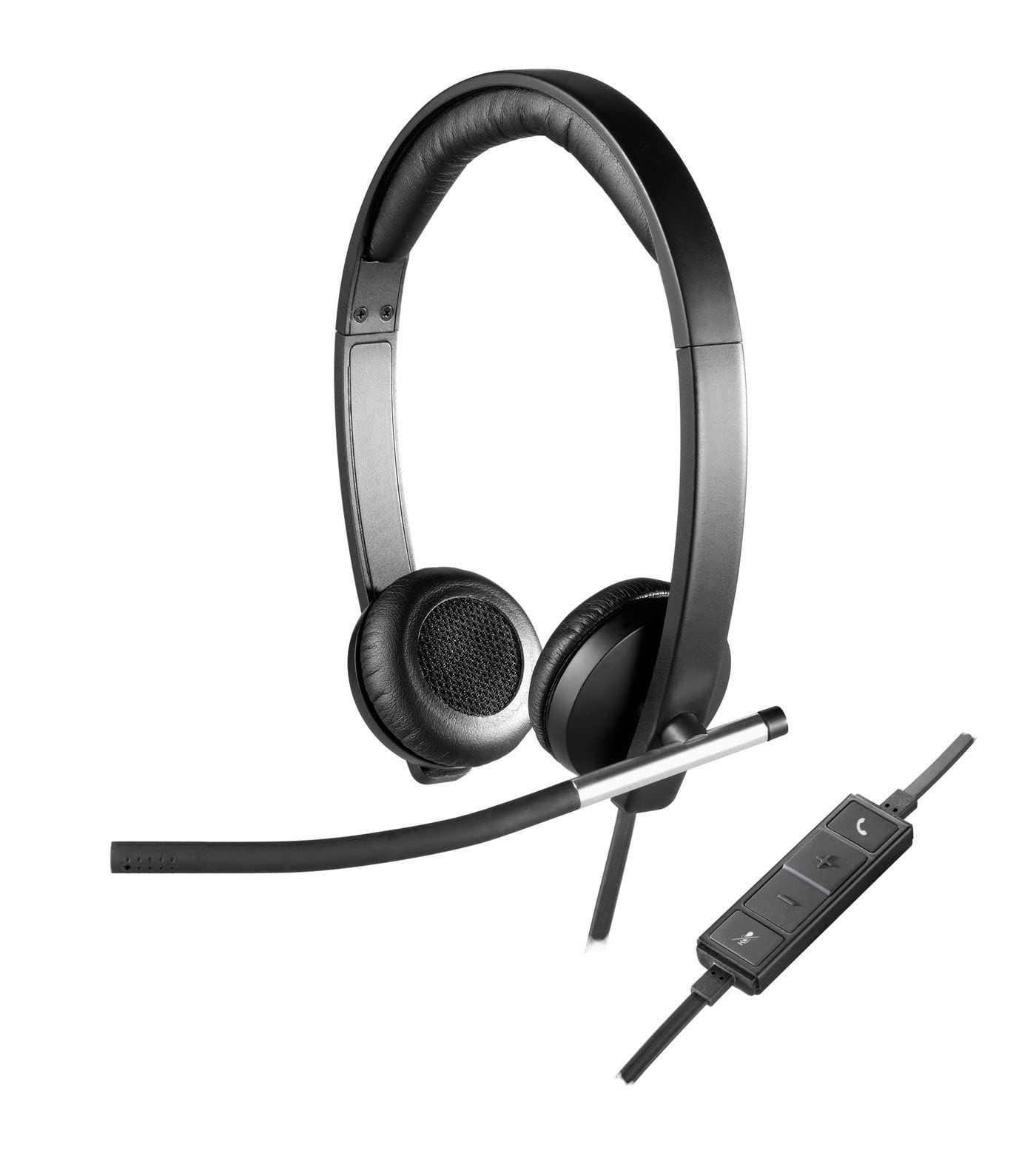 Black over-ear stereo headset with boom microphone and cushioned ear pads