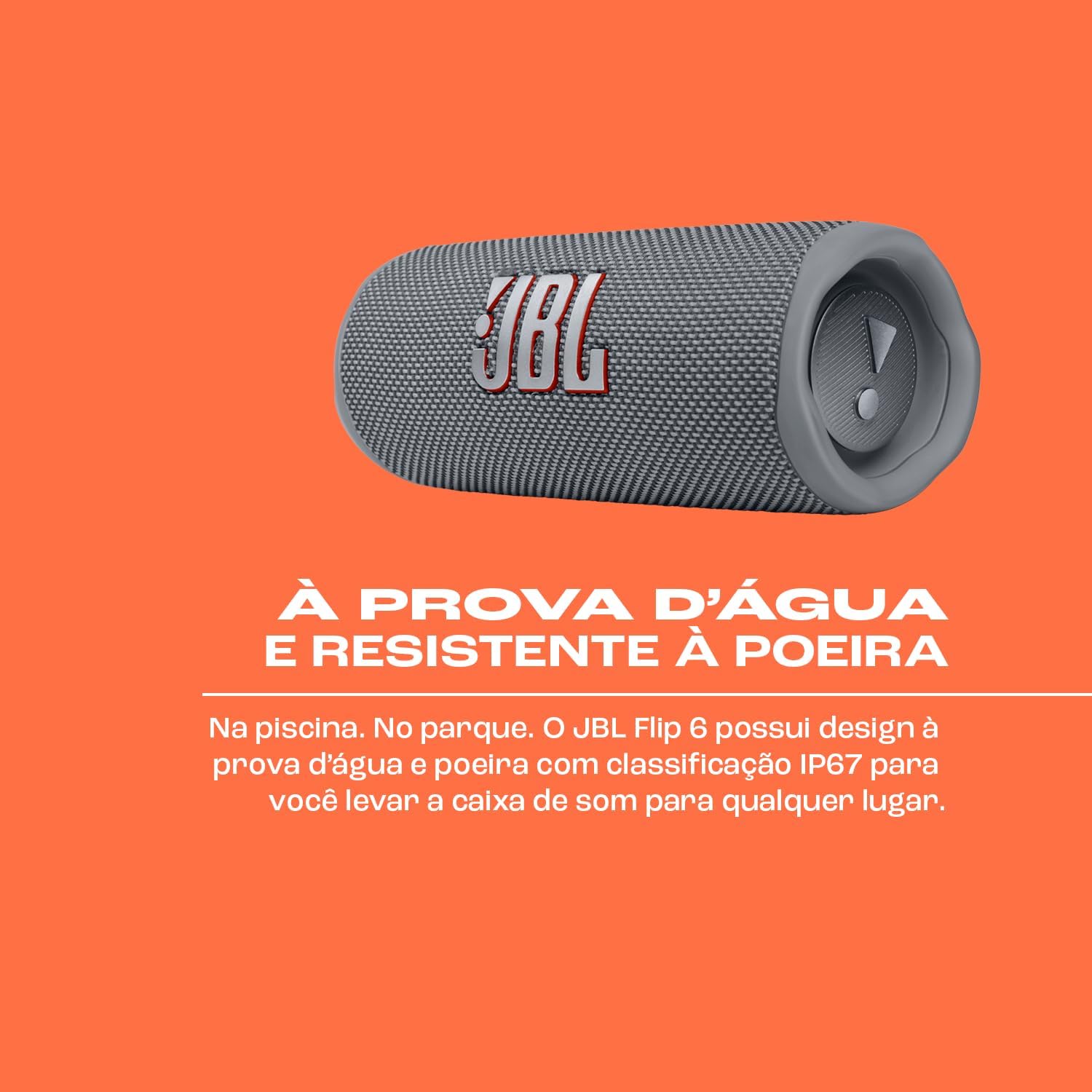 Blue portable speaker on water-resistant graphic background, showing side driver and logo