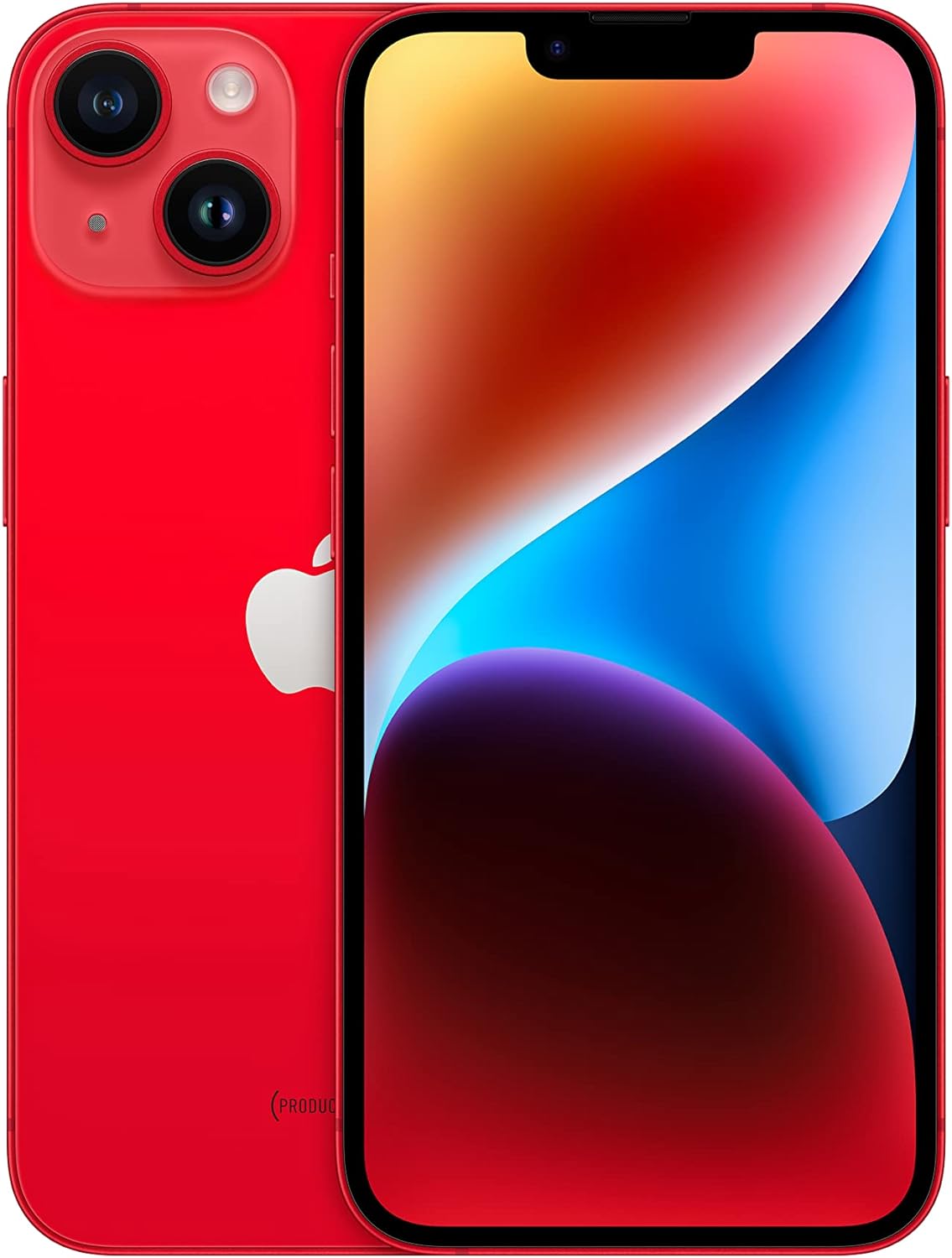 Apple iPhone 14 Plus smartphone in red, front and back view, dual rear cameras