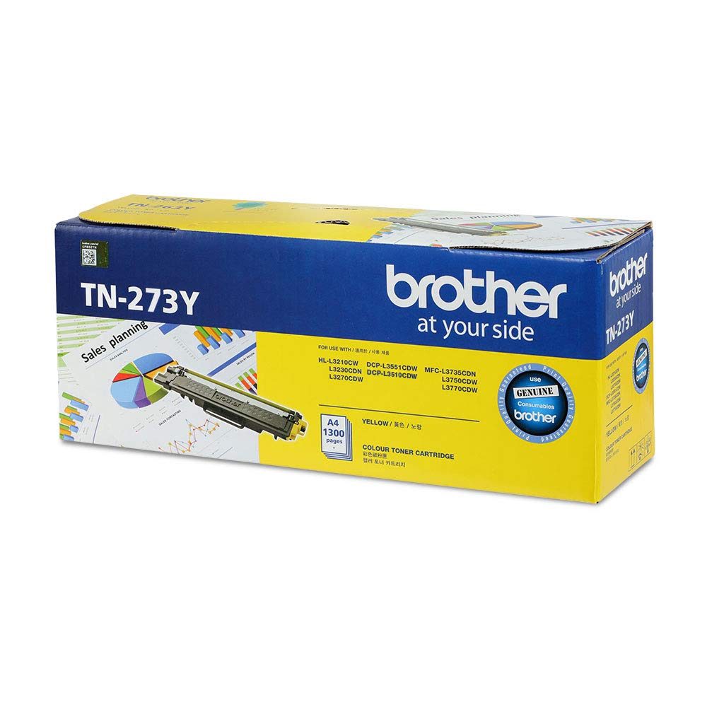 Yellow toner cartridge box labeled TN-273Y, Brother at your side, genuine toner
