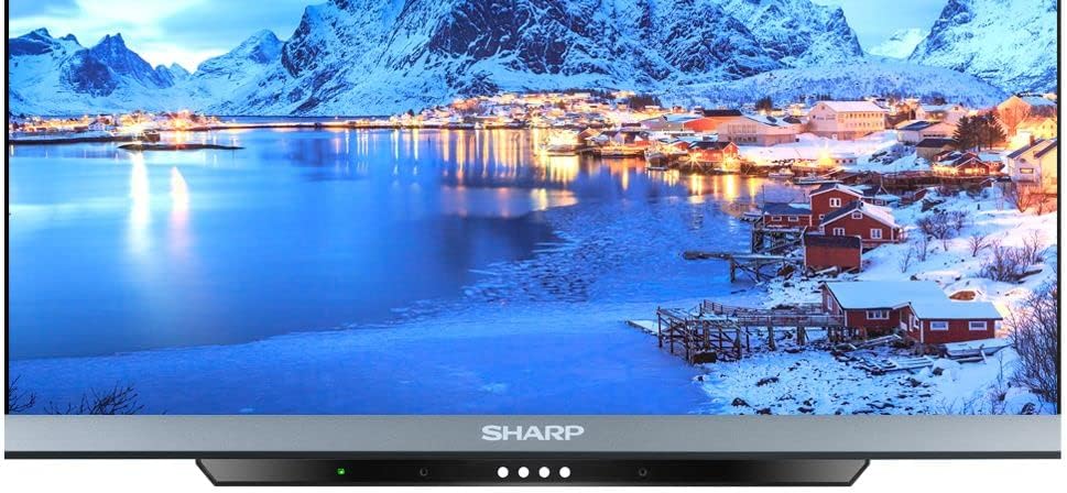 55-inch smart LED TV close-up of bottom bezel with Sharp logo and indicator lights.