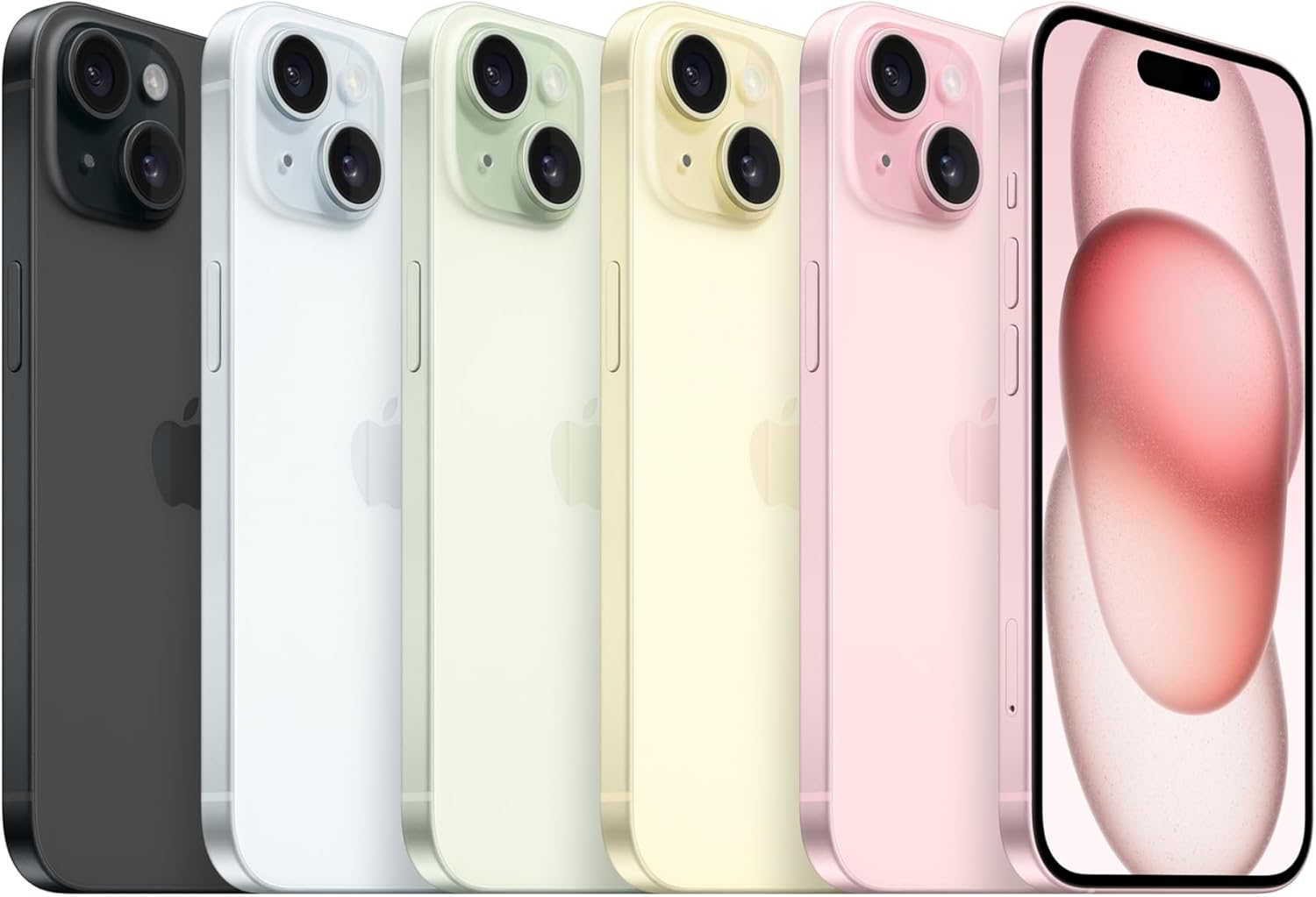 Apple iPhone 15 color lineup of five phones with dual camera backs