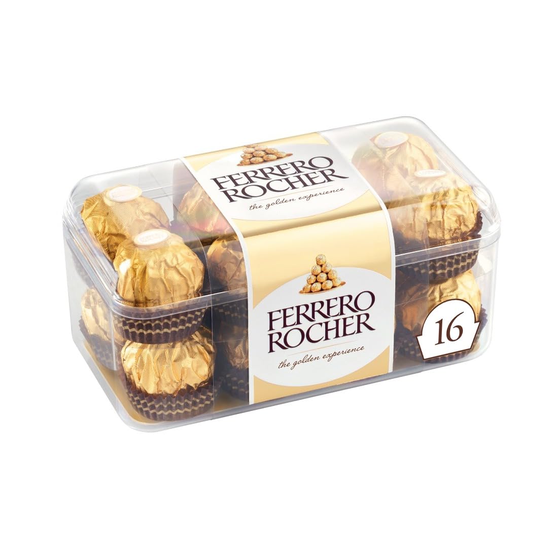 Ferrero Rocher 16-piece chocolate box with gold truffle chocolates in clear tray