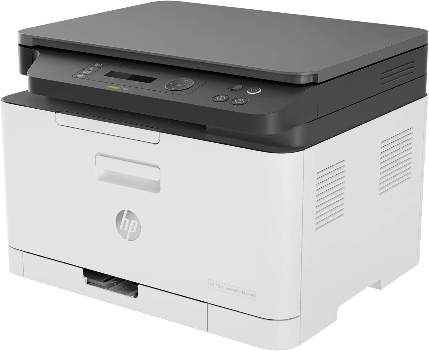 HP Color Laser multifunction printer angled view, showing control panel on dark top