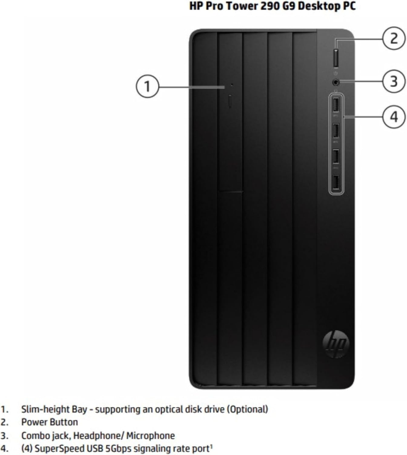 HP Pro Tower 290 G9 desktop PC side view showing front and top ports