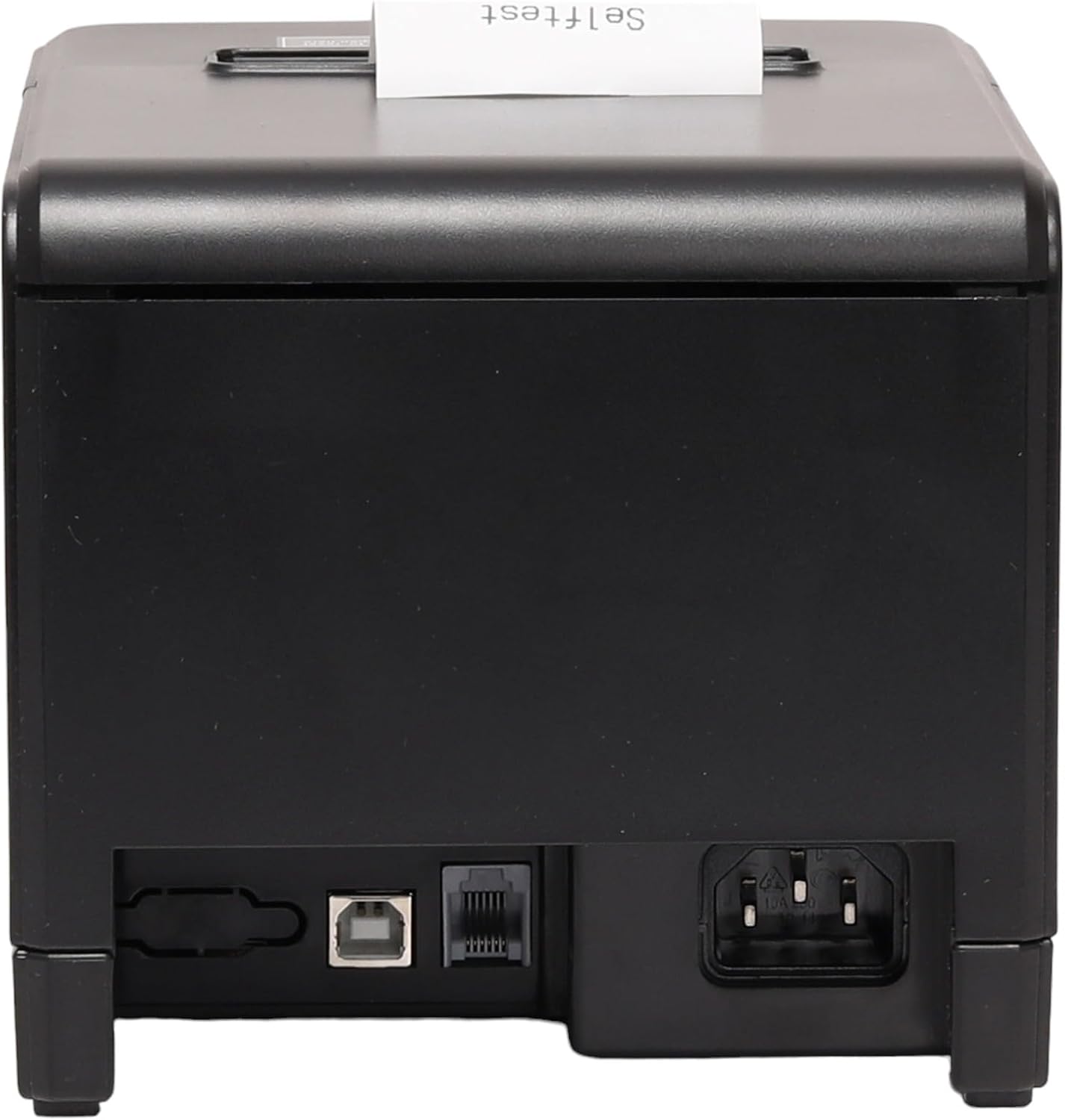 Black POS thermal receipt printer back panel with power, USB, and Ethernet ports