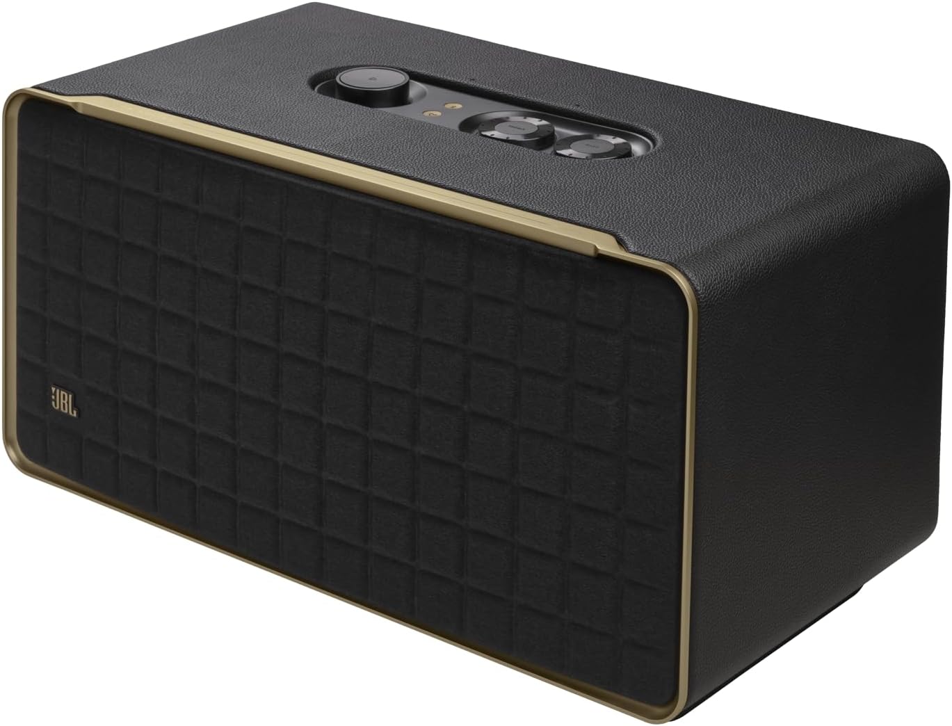 Black speaker angled view with textured body and gold-tone edge trim