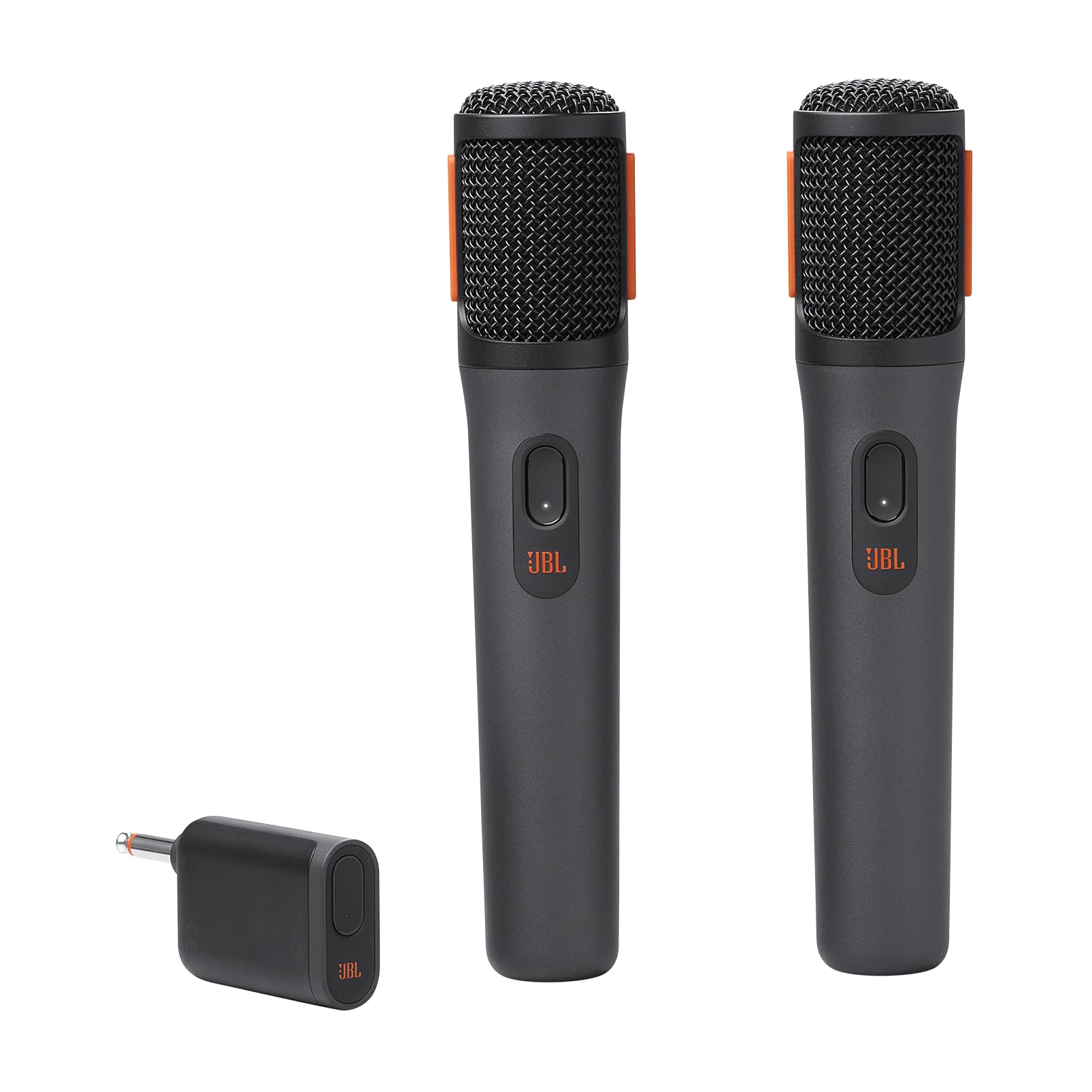 Two black handheld microphones with textured grille and orange JBL accent strip