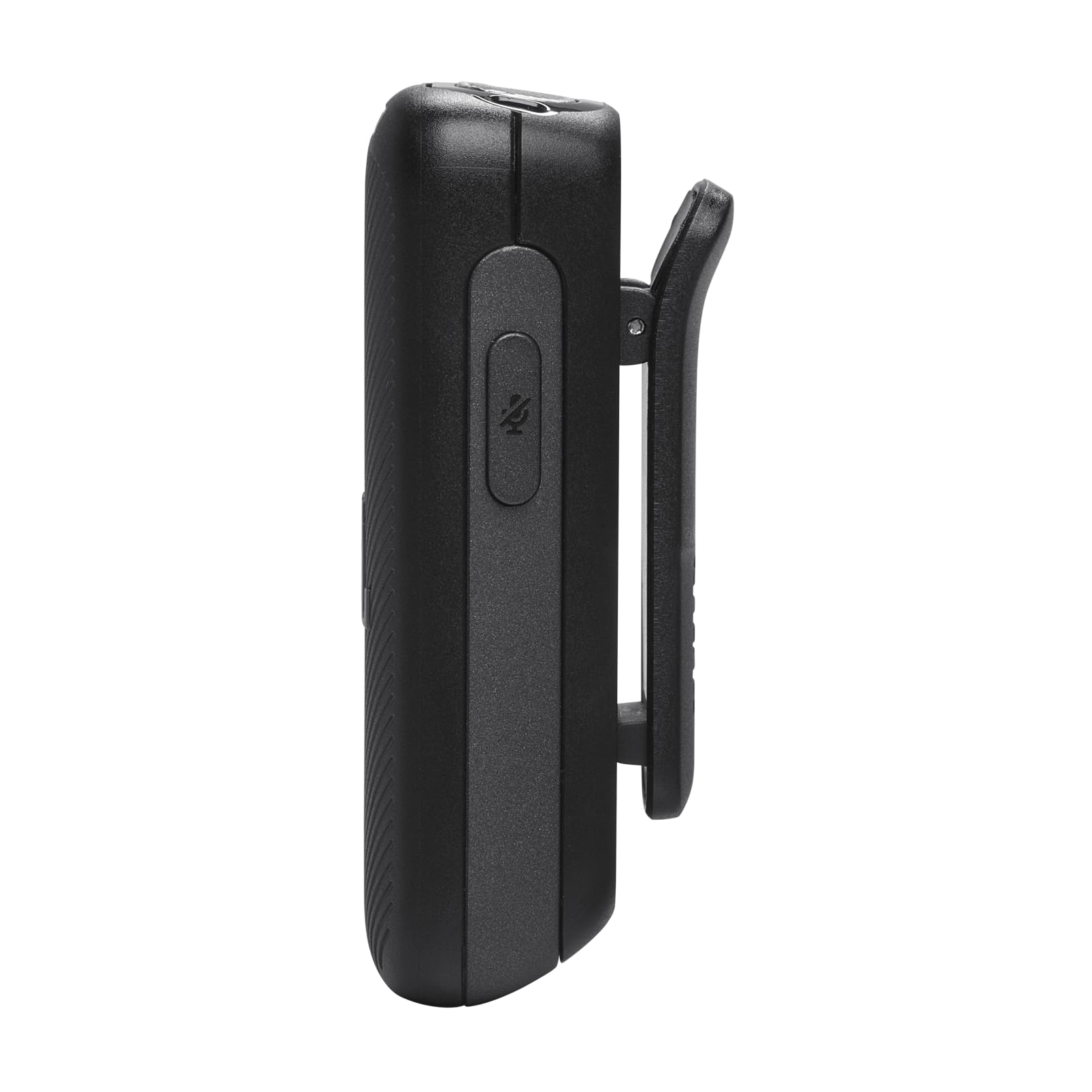 Black JBL earbuds charging case side view with latch and textured grip