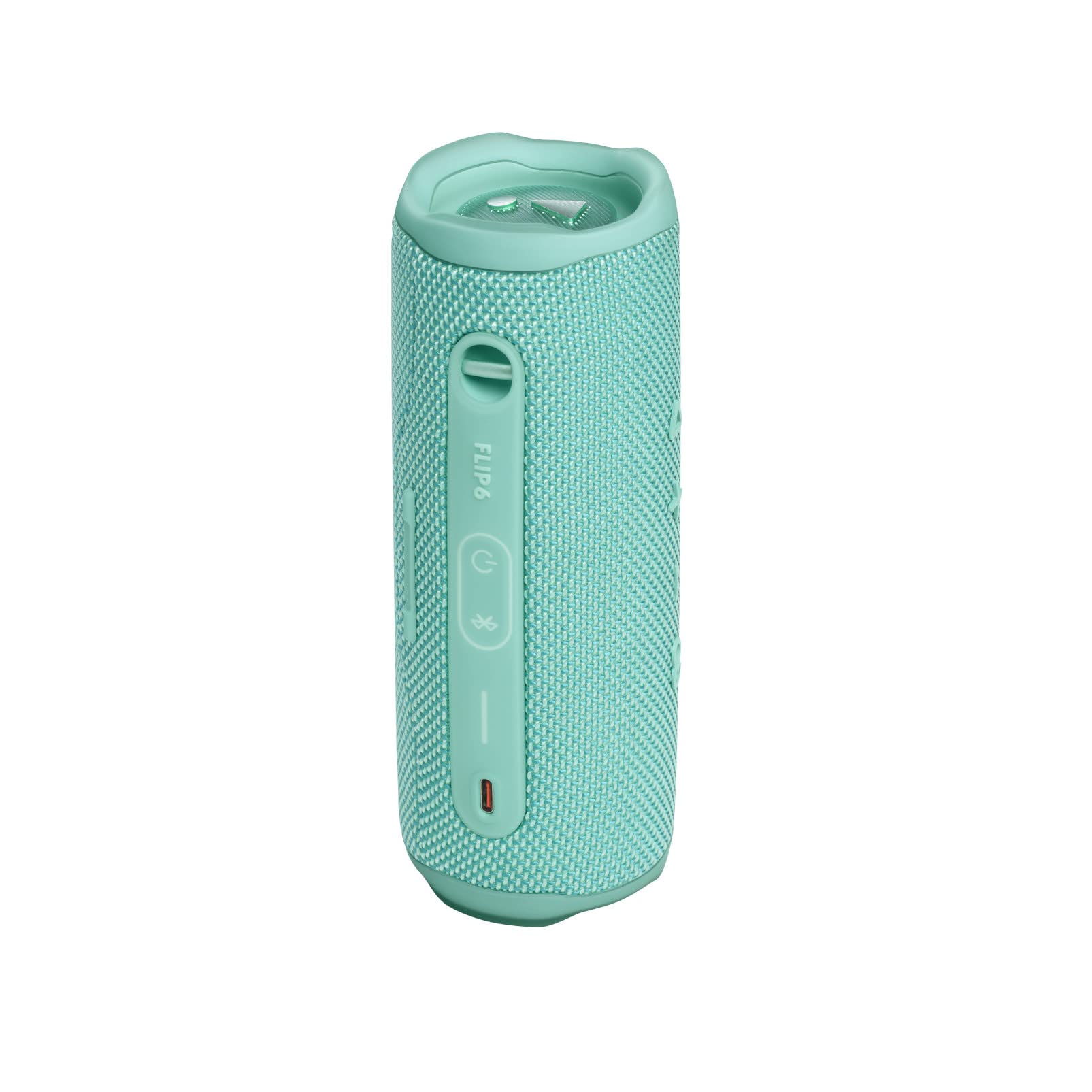 Teal portable Bluetooth speaker with side control buttons and charging port