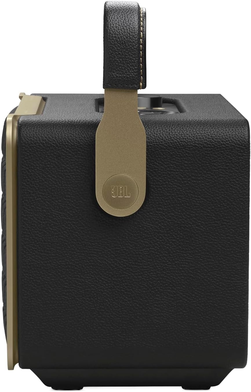 JBL retro smart speaker back with centered carry strap and gold side accents