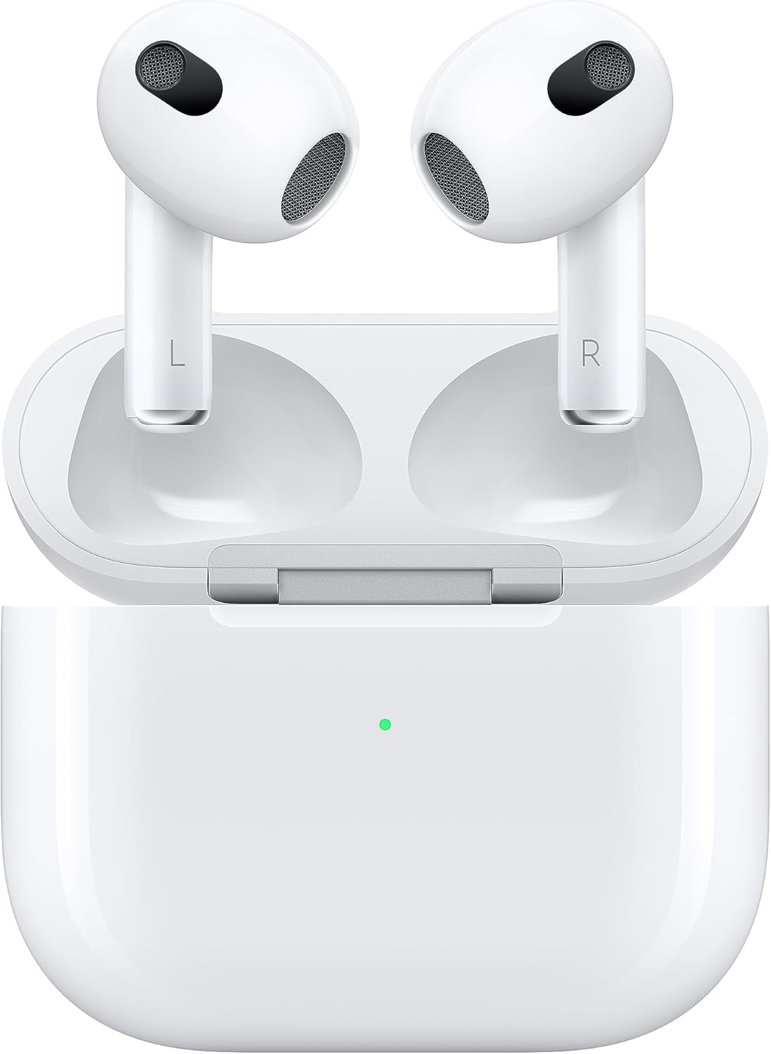 White wireless earbuds with mesh speaker grilles, left and right in charging case
