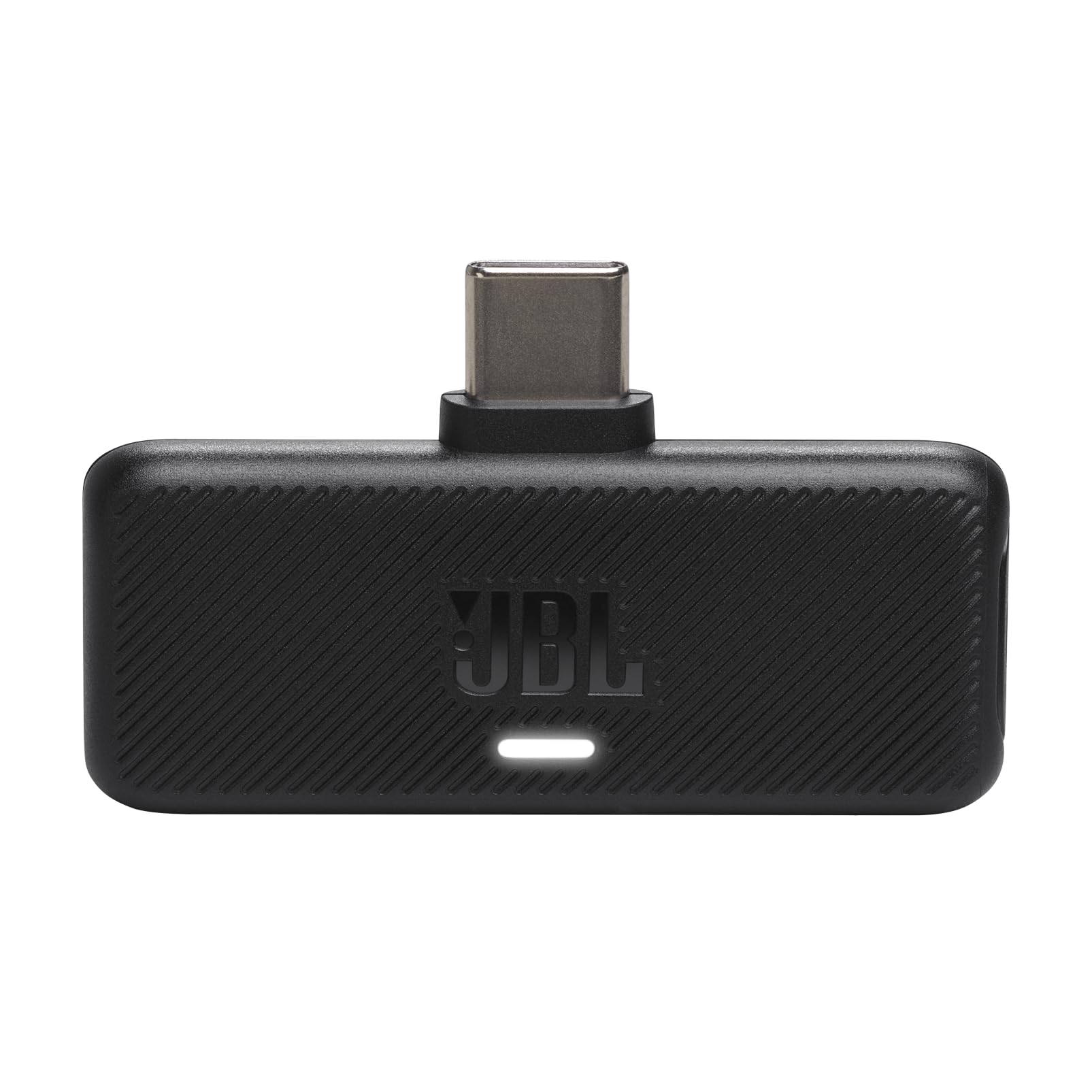 Black JBL earbuds charging case with USB-C port and glowing indicator light