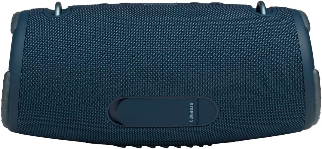 Portable waterproof speaker in blue with JBL logo-free back panel view