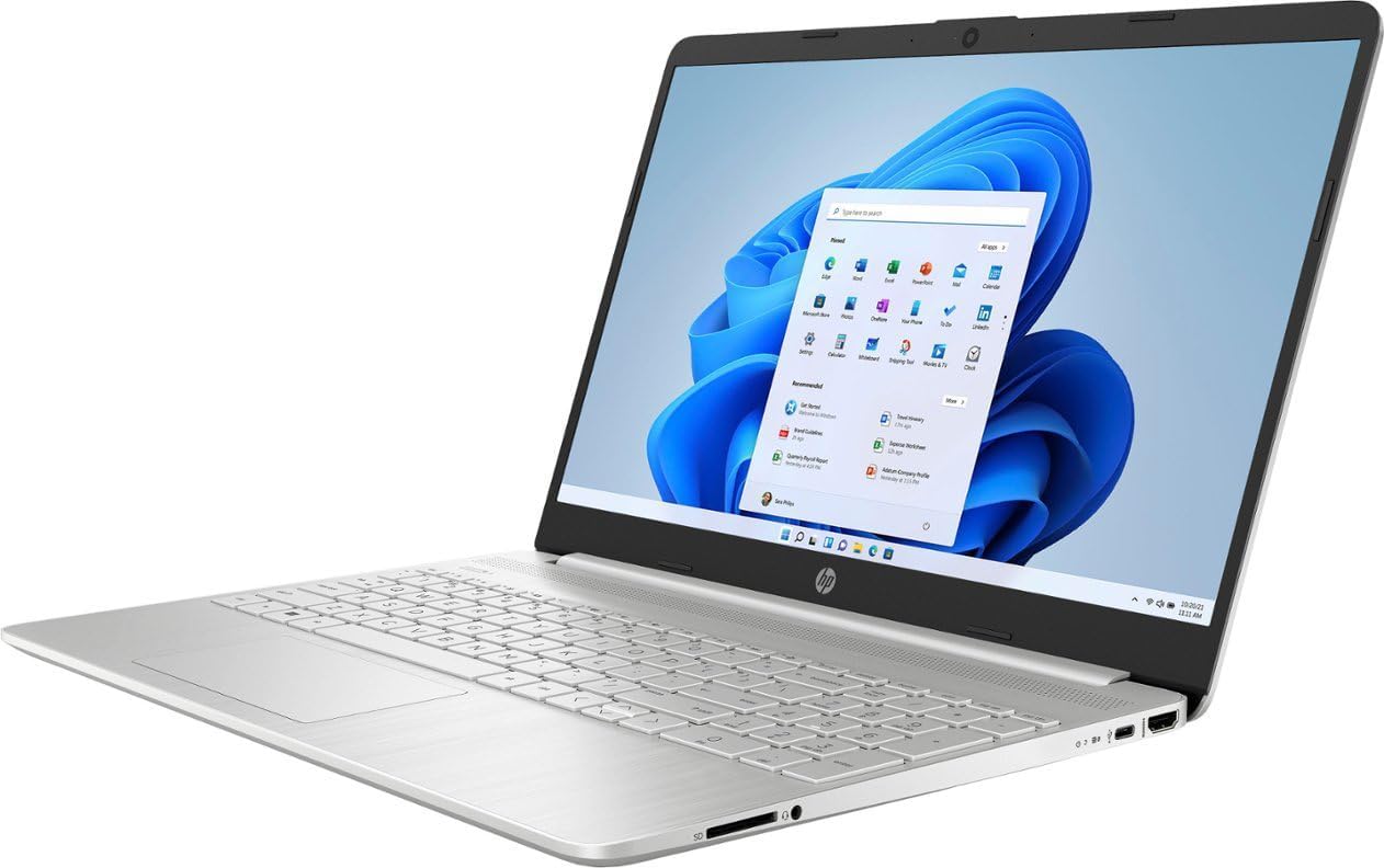 HP 15s business laptop, side-angled view showing keyboard and screen