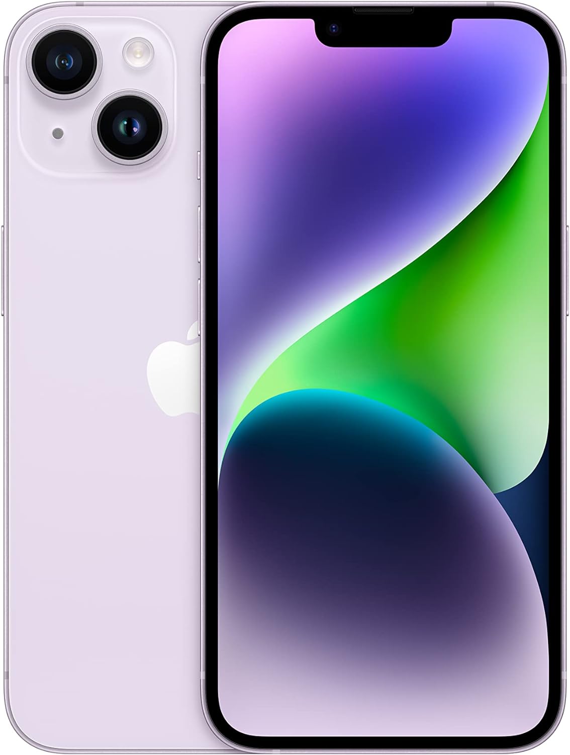 Smartphone with light purple back and dual rear cameras, front display with blue and green wallpaper