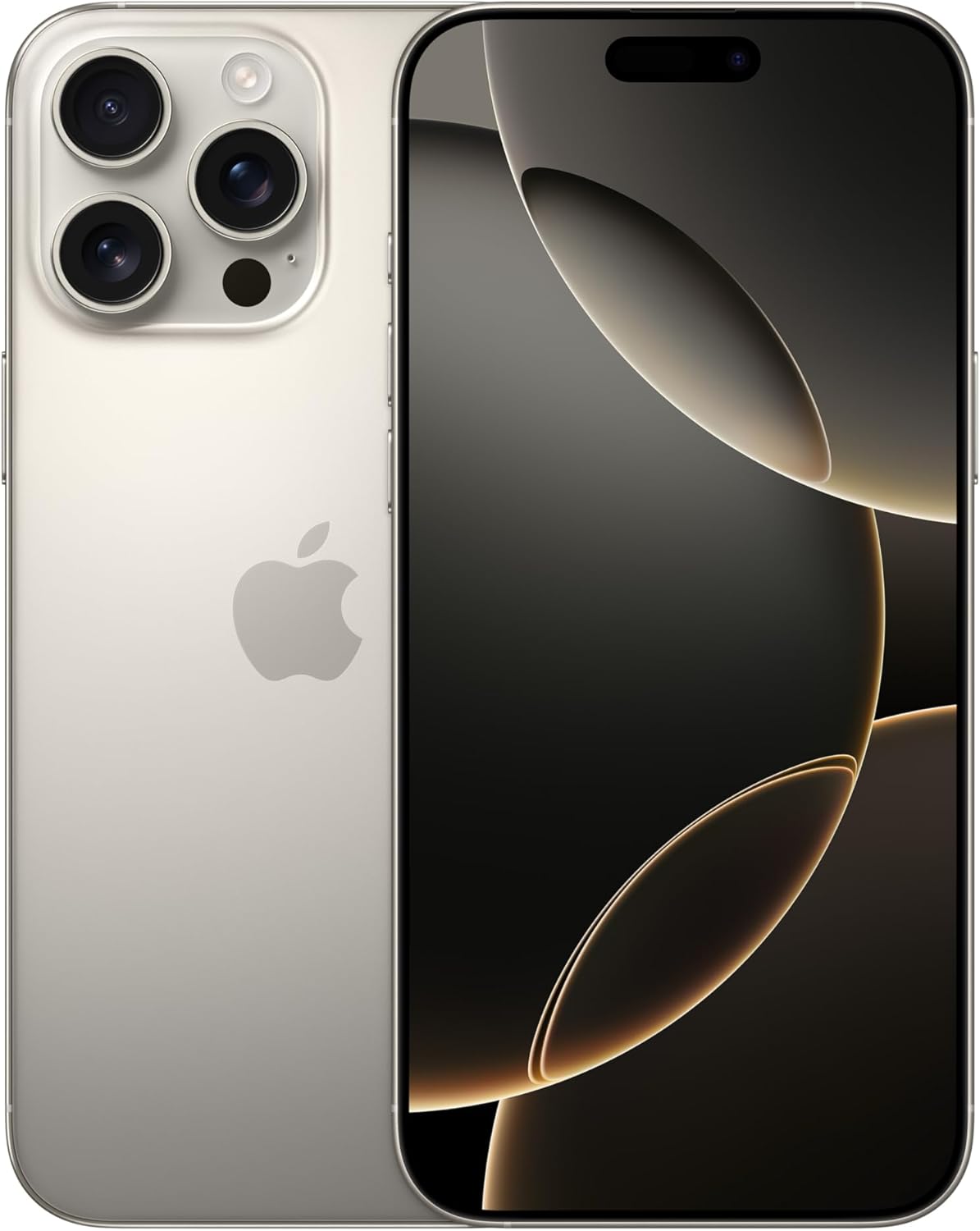 iPhone 16 Pro Max phone in natural titanium, front and back view with triple camera array