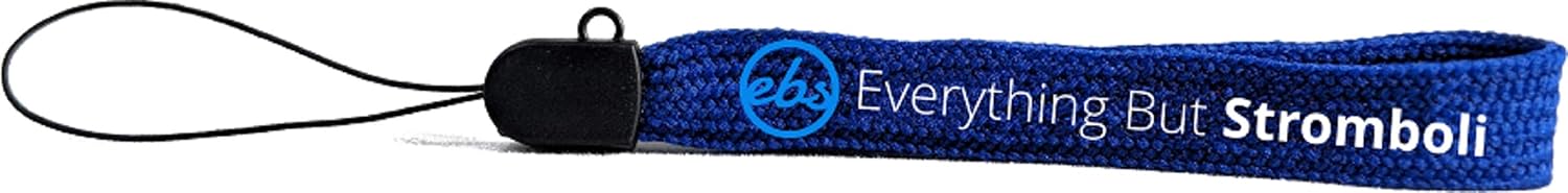 USB flash drive with lanyard strap, black end with blue branding text