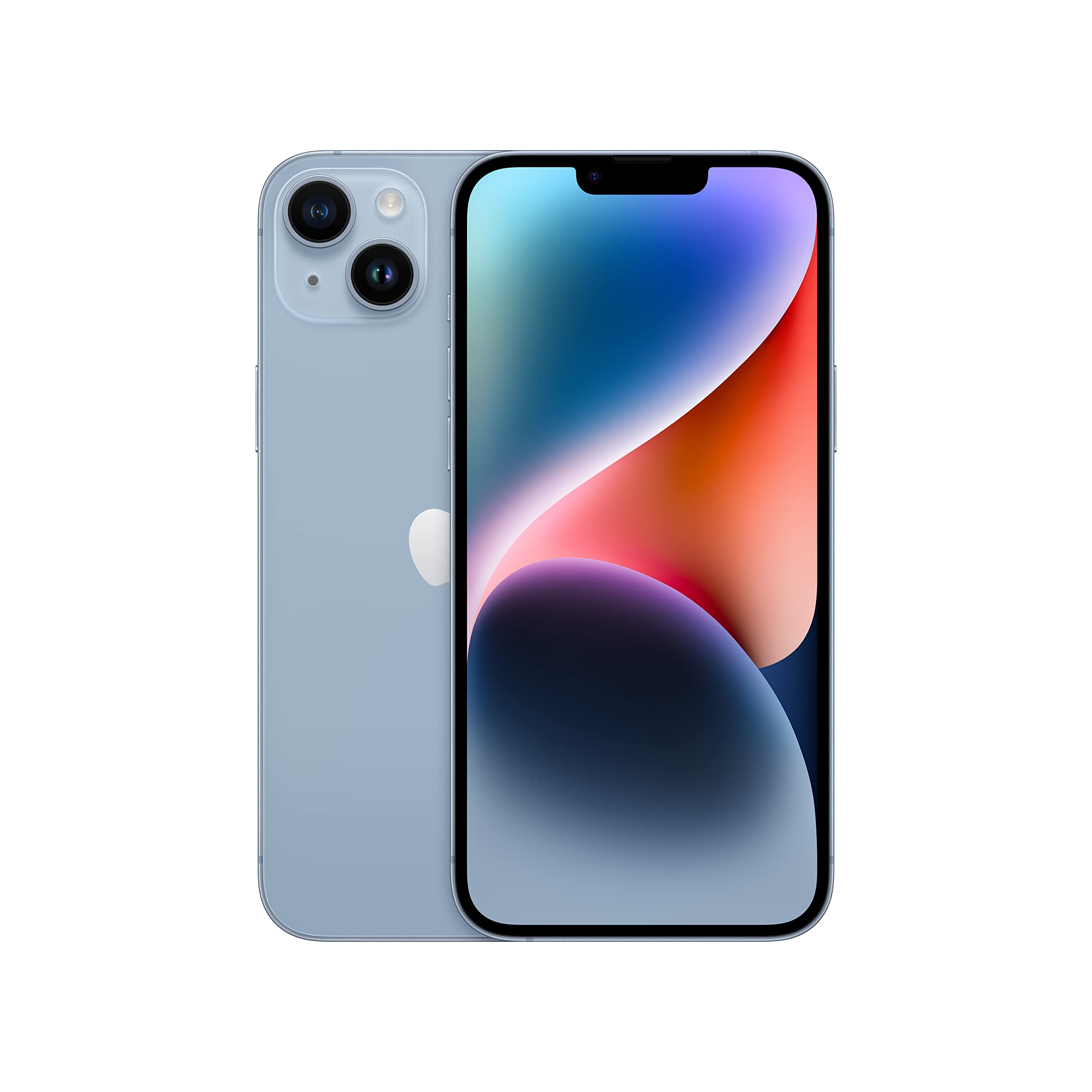 Smartphone with light blue back and dual rear cameras, front display with blue and red wallpaper