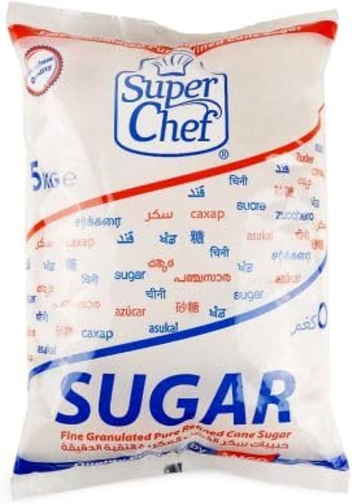 White sugar bag with blue branding and red trim, labeled SUGAR and fine granulated