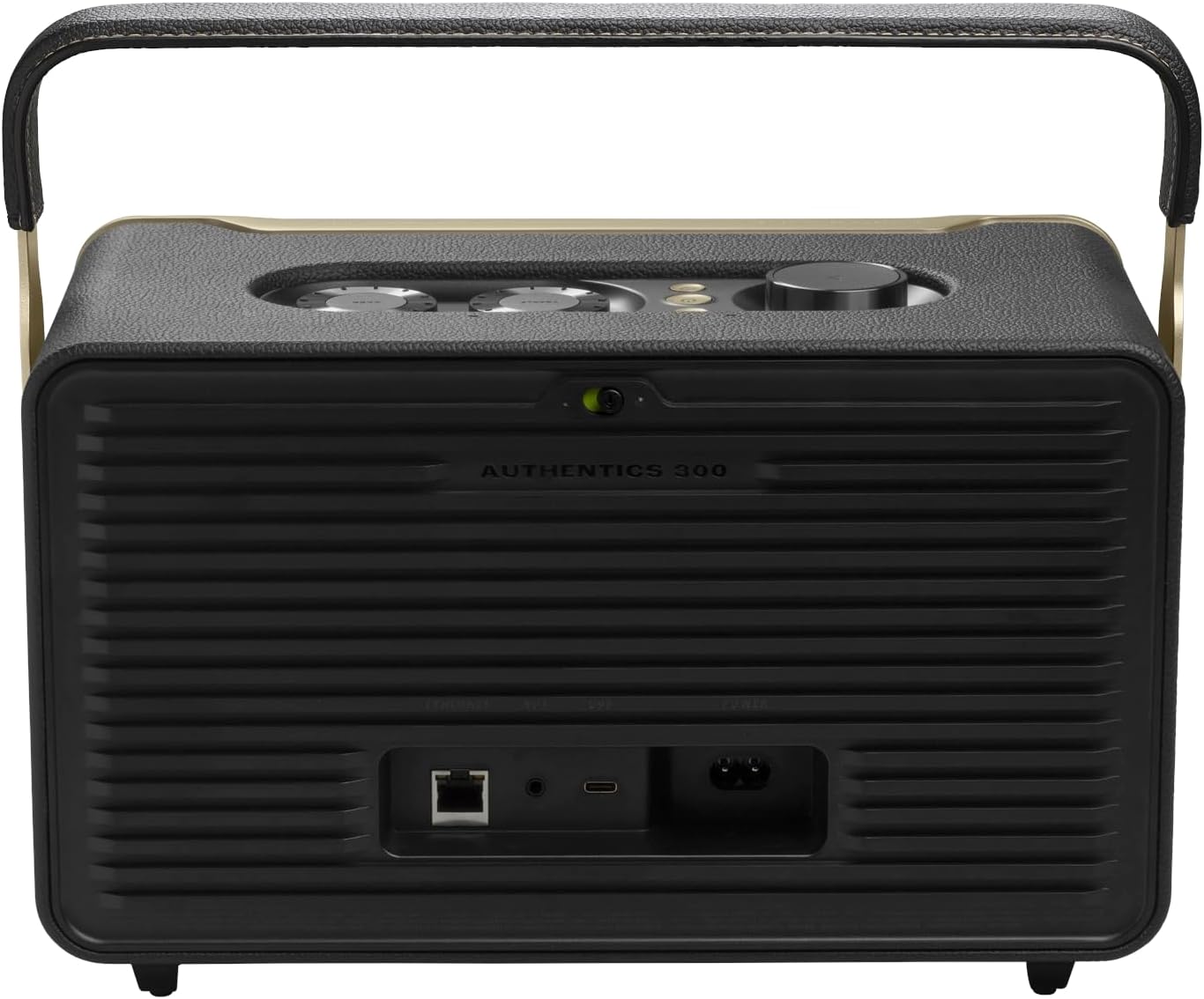 Black smart speaker rear view showing ports and controls under grille vents