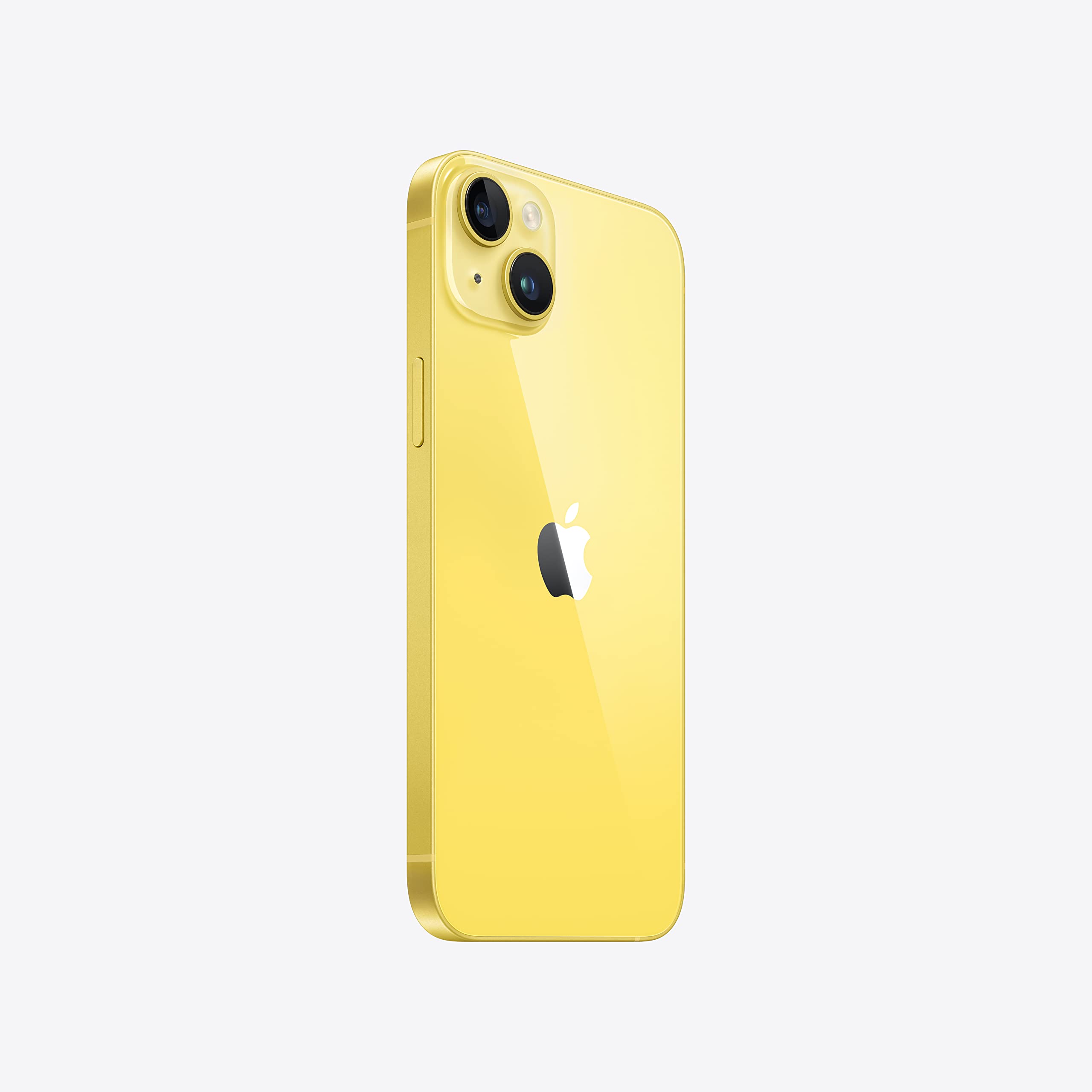 Smartphone with yellow back and dual rear cameras, rear-only side view