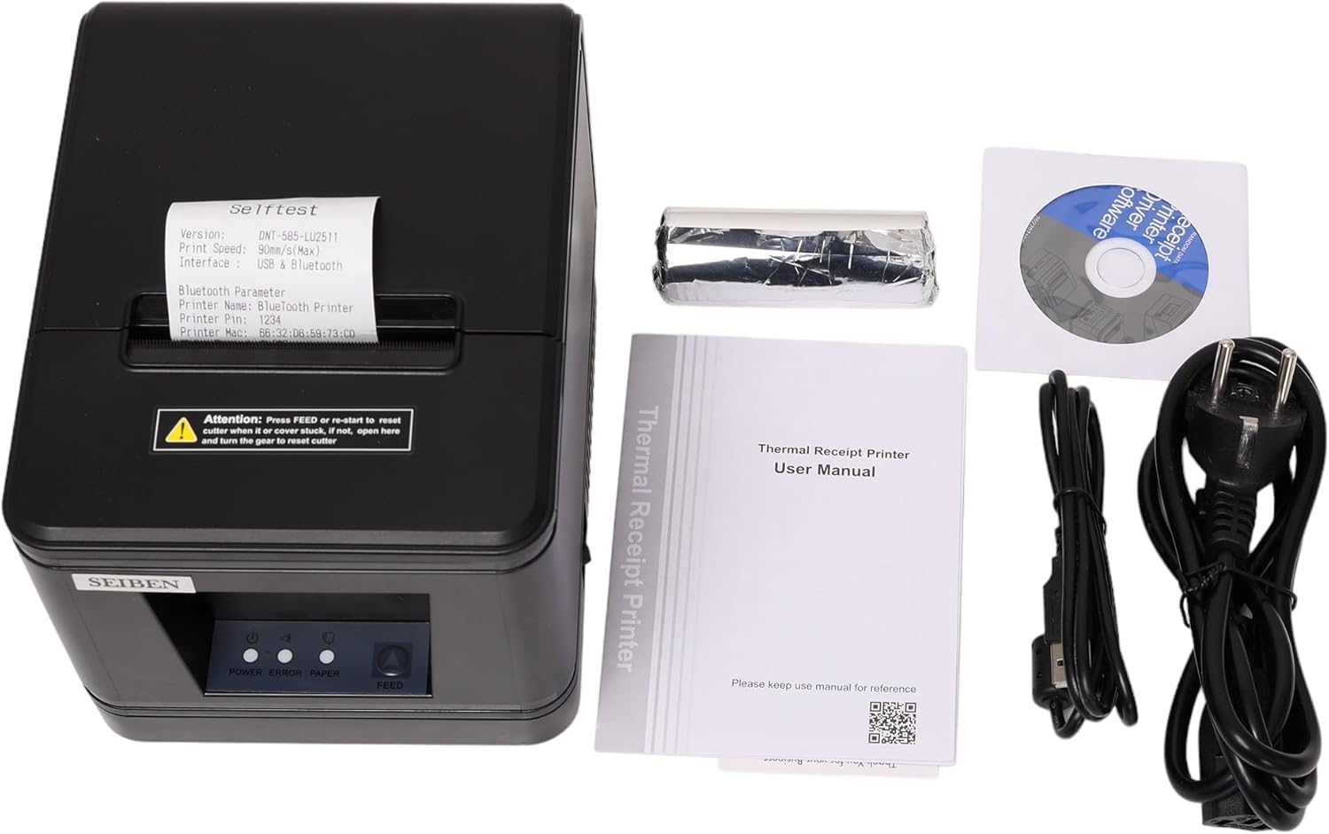 Black POS thermal receipt printer with included manual, CD, and power/USB cable set