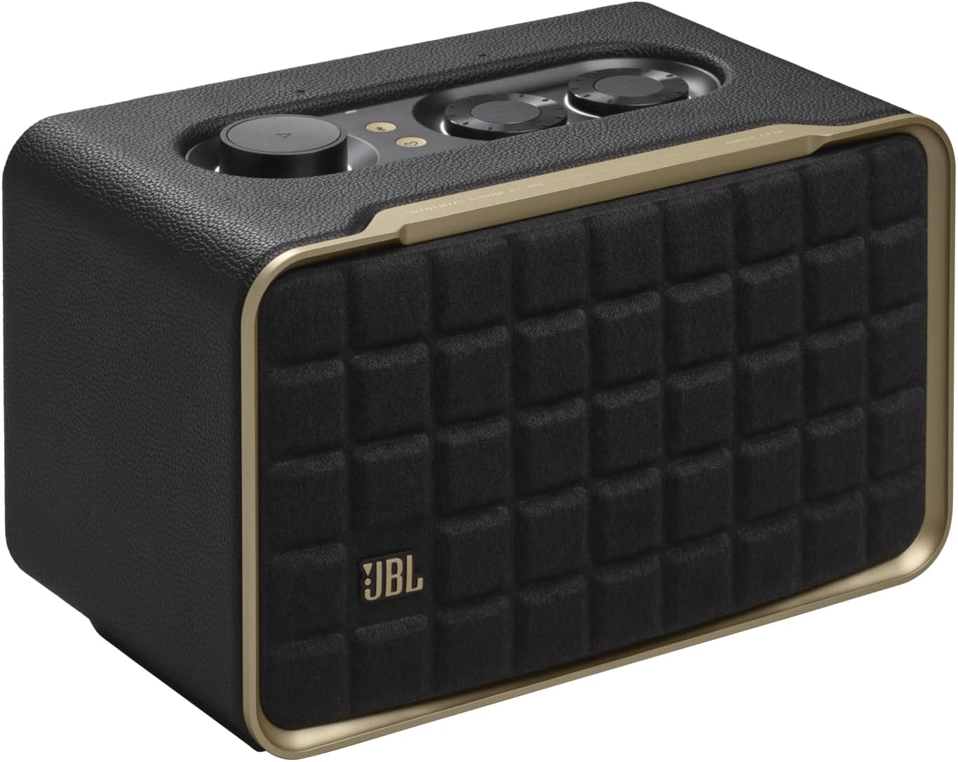 JBL smart home speaker with black textured grille and gold-trim top controls