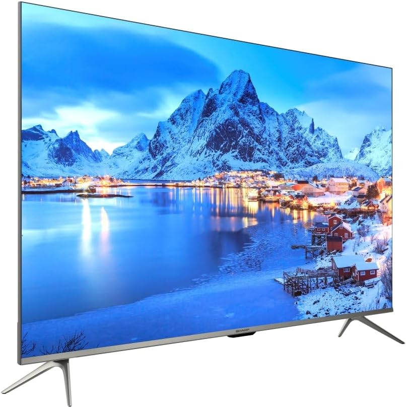 55-inch Sharp 4K smart LED TV angled front view with three-leg stand