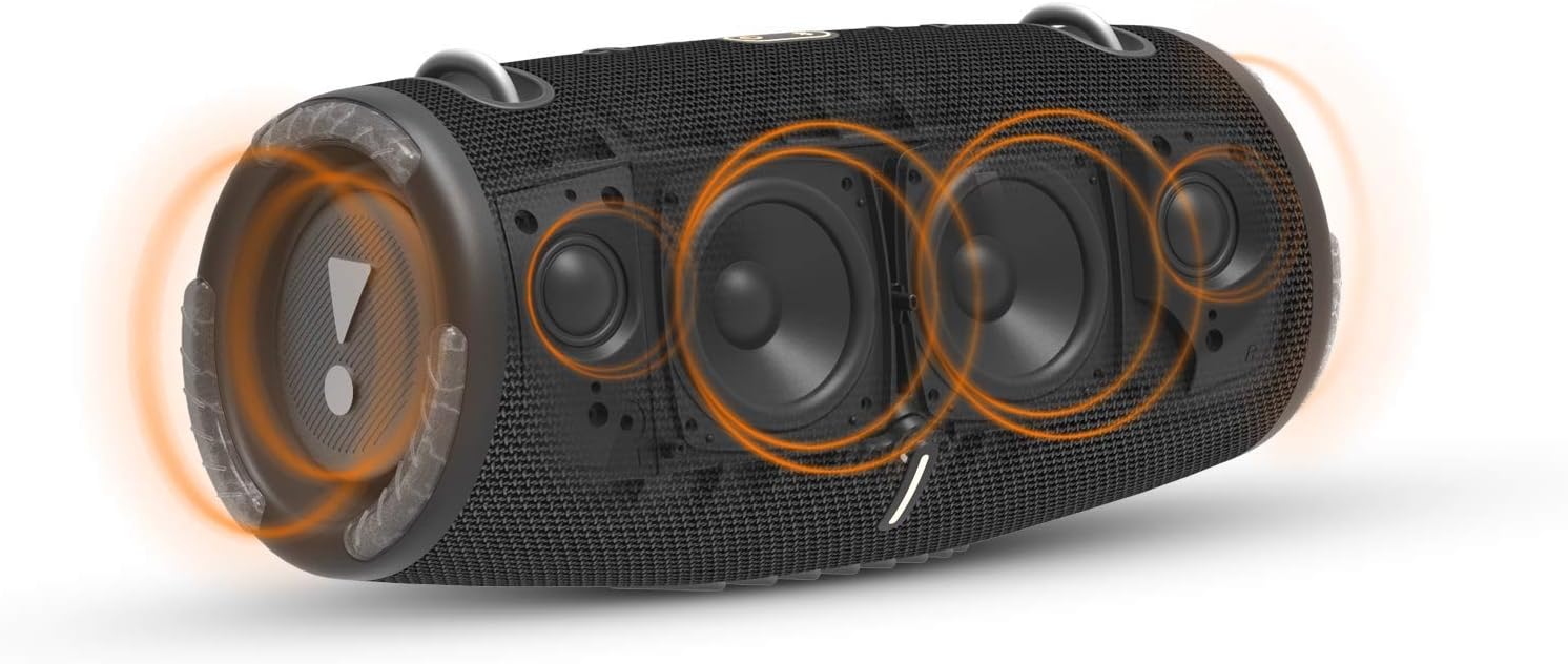 Portable waterproof Bluetooth speaker end view with visible drivers and orange sound waves